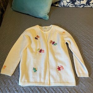 Cyn Les Cardigan Womens SZ M White Knit Turtles 3D Embroidered Sweater Vintage